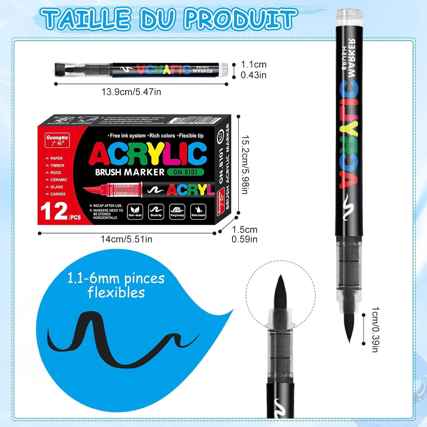 Surcotto 12 PCS Black Acrylic Paint Markers,Soft Brush Tip Acrylic Paint Markers,Quick-Drying Waterproof Acrylic Markers for Canvas,Rock Painting,Wood, Stone,Glass,Ceramic,Fabric Painting