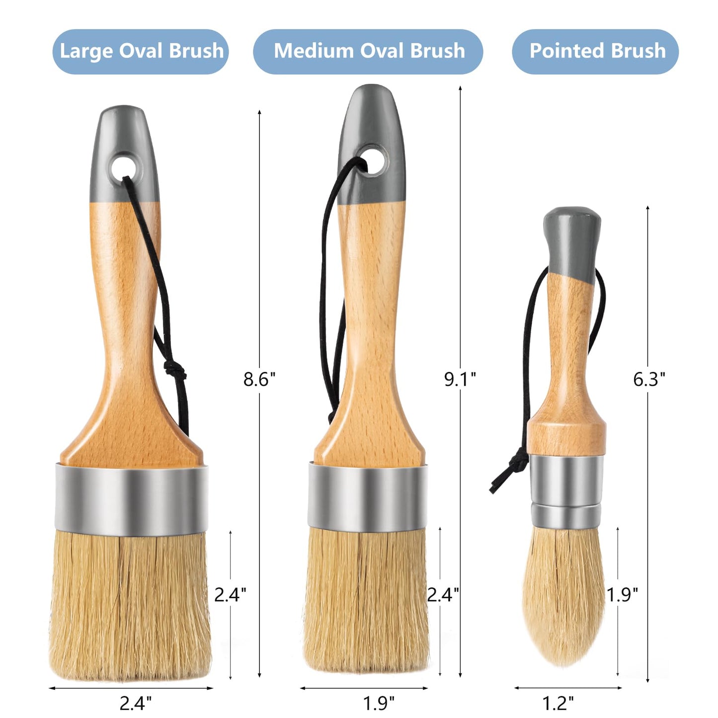 Mister Rui Chalk Paint Brushes, 3 Pack Wax Brush Set, Round Paint Brush Use with All Paints, Natural Bristle Brush for Painting, Stencils, Waxing, Home Decor, DIY Art Crafts