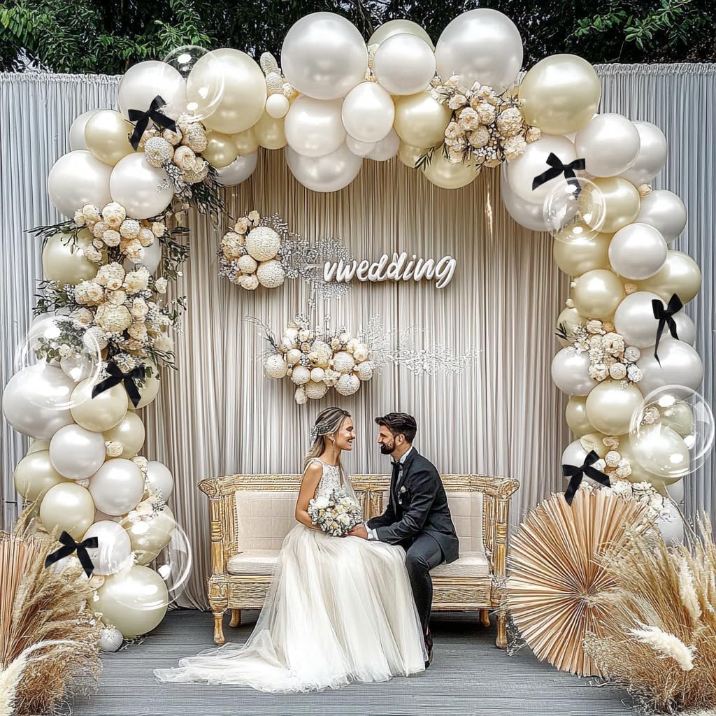 White Balloon Garland Arch Kit, Double Stuffed Cream Ivory Sand White Pearl Balloons with Bow Clear Balloon for Bridal Wedding Baby Shower Birthday Valentine‘s Day Party Decorations