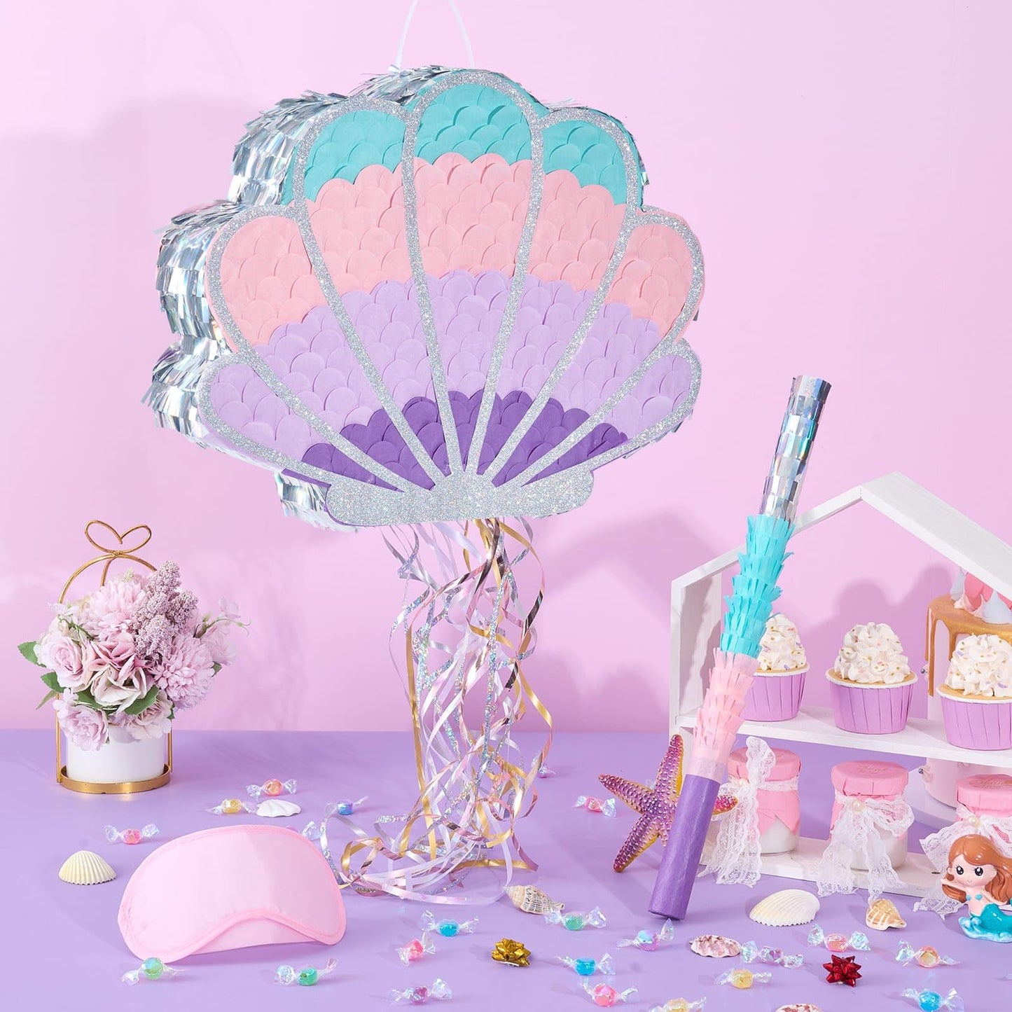 Wernnsai Mermaid Seashell Piñata - Pink Shellfish Piñatas for Kids Girls Birthday Mermaid Princess Party Decorations Under The Sea Ocean Theme Party Games With Bat Blindfold 16“ x 12.5" x 3"