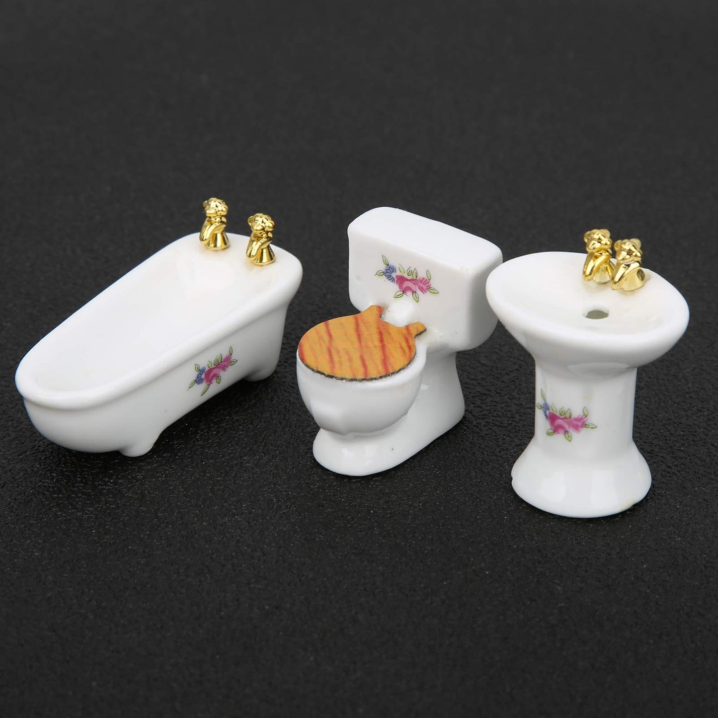 RIZGHWOY 1/24 Dollhouse Miniature Bathroom Set, Ceramic Bathtub Toilet Sink Kit with Exquisite Design, for Doll House Bathroom Scene (Rose)
