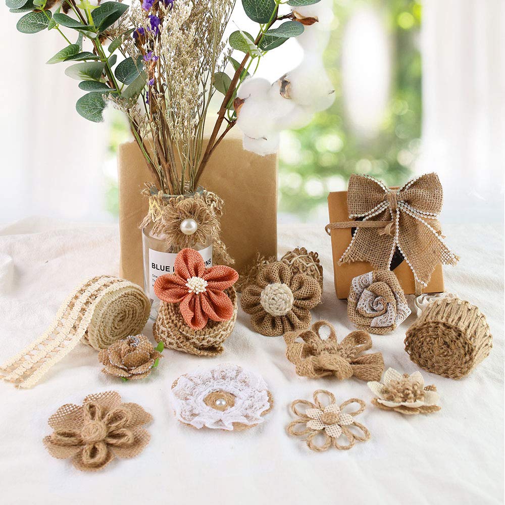VGOODALL 16 PCS Natural Burlap Flowers Set, Including 12 PCS Handmade Lace Burlap Flowers and Bowknots, 4 Rolls Burlap Ribbon for Christmas Birthday Party Wedding Home Embellishment DIY Crafts