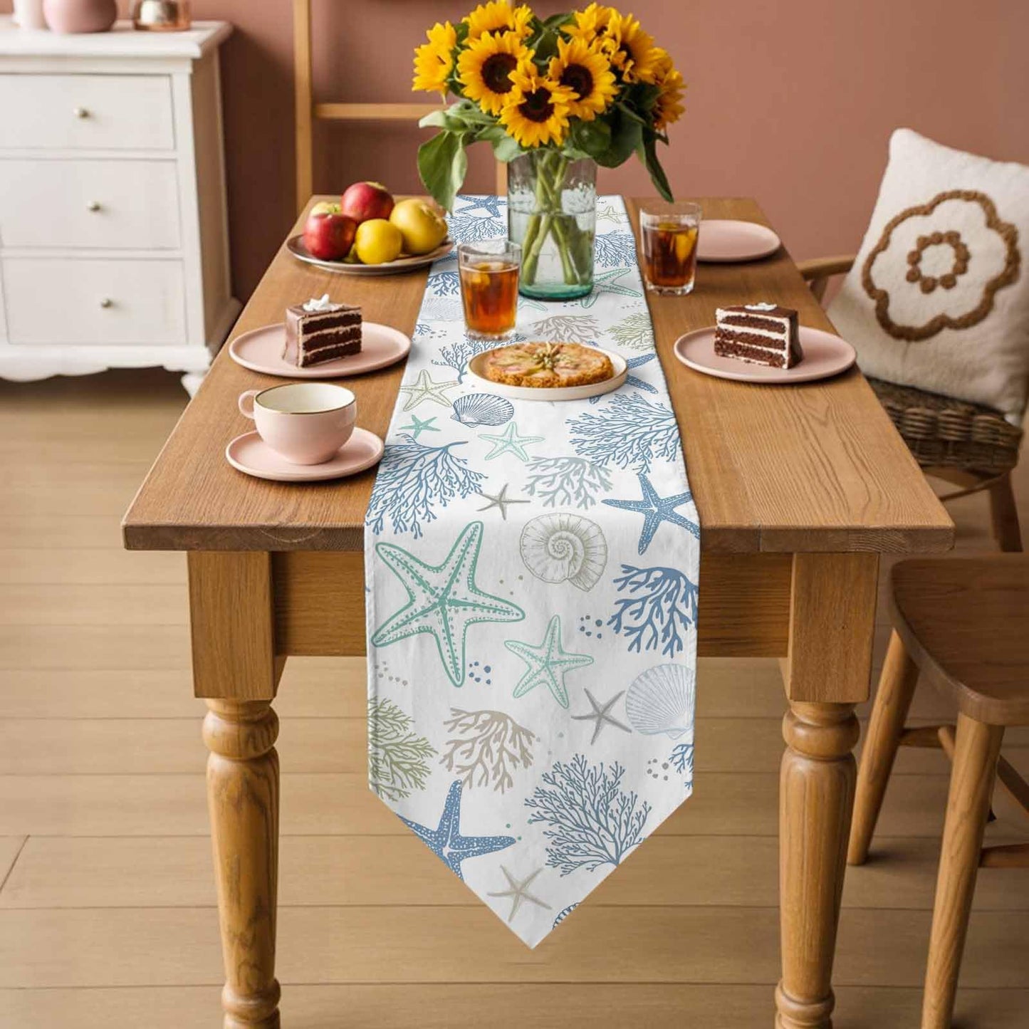 Beach Coastal Table Runner 36 Inches Long, Summer Nautical Dress Scarves, Ocean Starfish Coral Shell Kitchen Dining Table Decorations and Supplies Farmhouse Table Runners for Home Party Small 13"x36"