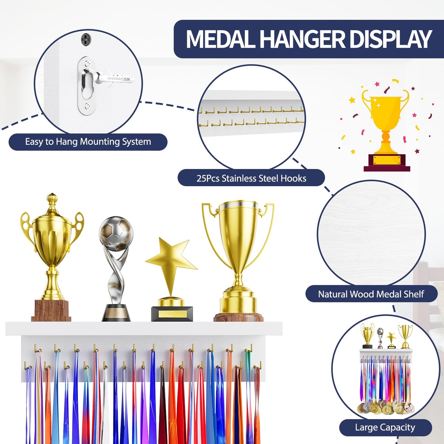 DSVENROLY Medal Holder Display Trophy Shelf Organizer, Sturdy Wooden Race Award Hanger Rack with 25 Steel Hooks, Wall Mount Storage Stand for Sports Fans, Cheer Success, White with Golden Pegs