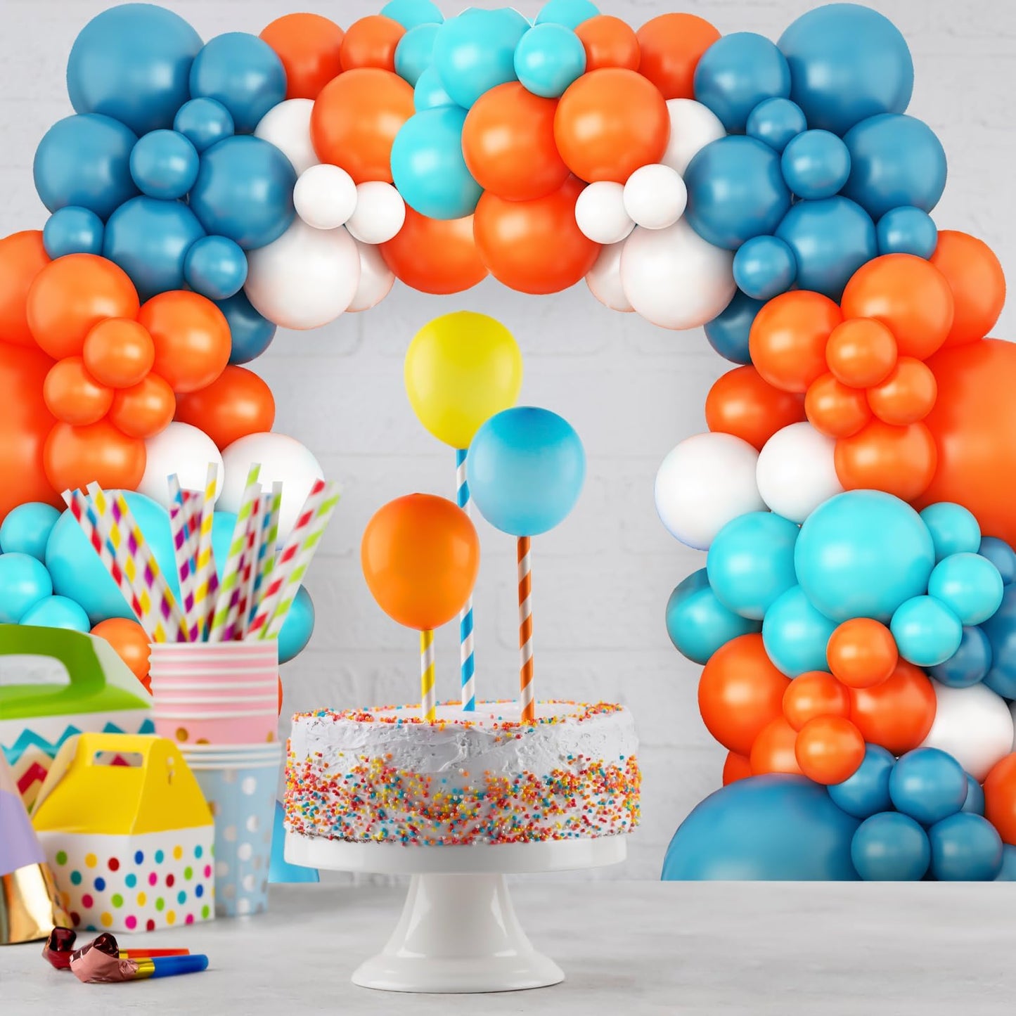 GRESATEK Orange-Blue-White Balloon Arch Garland Kit, Teal Blue Peacock White Latex Balloons, Blue & Orange White Party Balloons for Birthday, Wedding, Baby Shower, Party Supplies