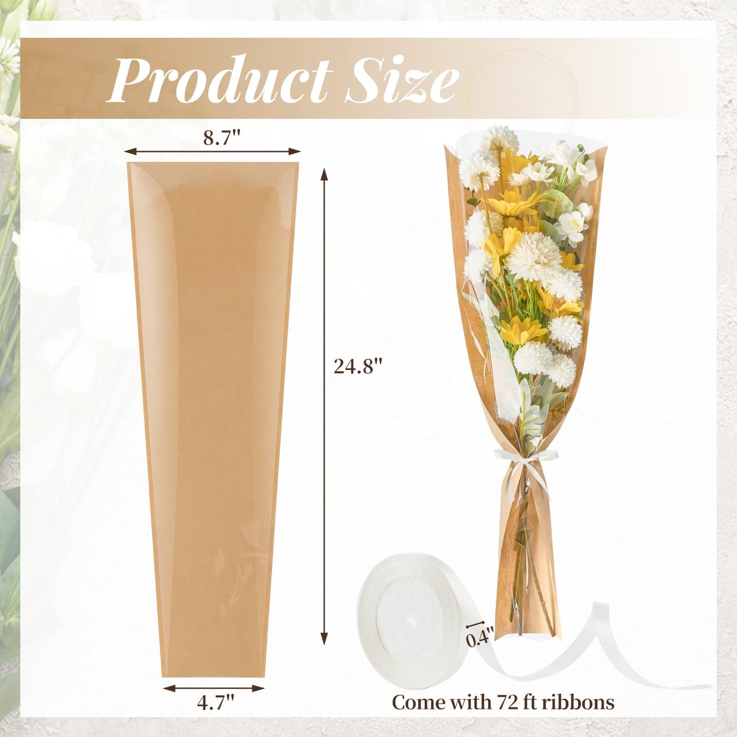 Mauproy 50 Pack Flower Bags for Bouquets, Flower Wrapping Paper Kraft Floral Wrap Sleeves with Ribbons for Graduation Florist Supplies Wedding (24.8 x 8.7 Inches)