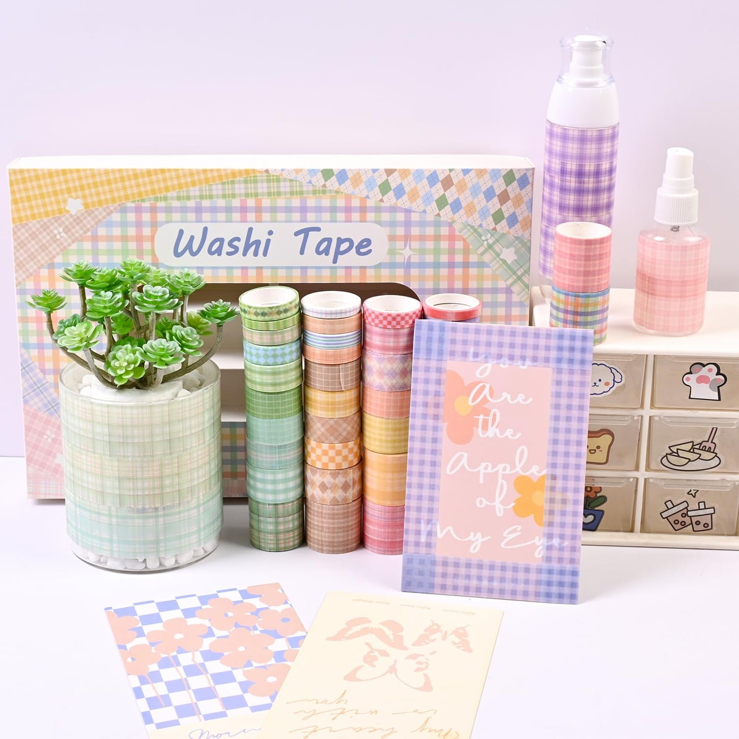 GINCEVHY Lattice Washi Tape Set, 100 Rolls Masking Tape, 5/8/10/15/20/30mm Wide 6.56ft Long/Roll Aesthetic Decorative Tape, Scrapbooking Bullet Journal Supplies, Gifts for Girls Boys