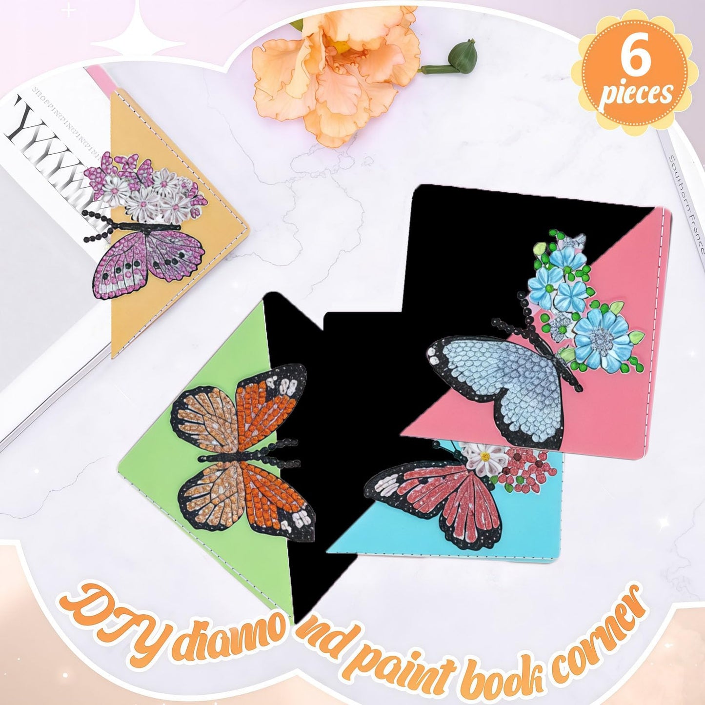 DDGYP 6 PCS Diamond Art Bookmarks, 3.94X3.94 Inch PU Leather DIY Corner Bookmarks with Butterfly & Flower Patterns, Diamond Painting Kits for Adults Book Lovers Home Reading Craft Gift