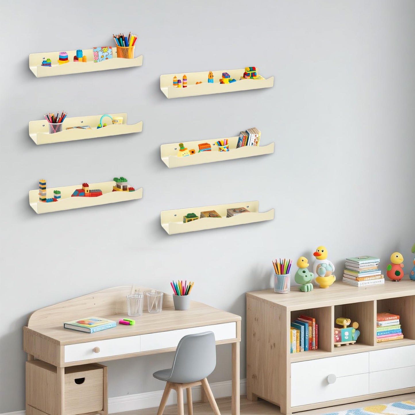 CRAFTIFANO Acrylic Wall Shelf Organizers 15 Inch Floating Shelf for Wall Decor Bookshelf for Kids Modern Beige Wall Mount Shelf for Living Room, Bedroom, Bathroom(6, Yellowish Beige)