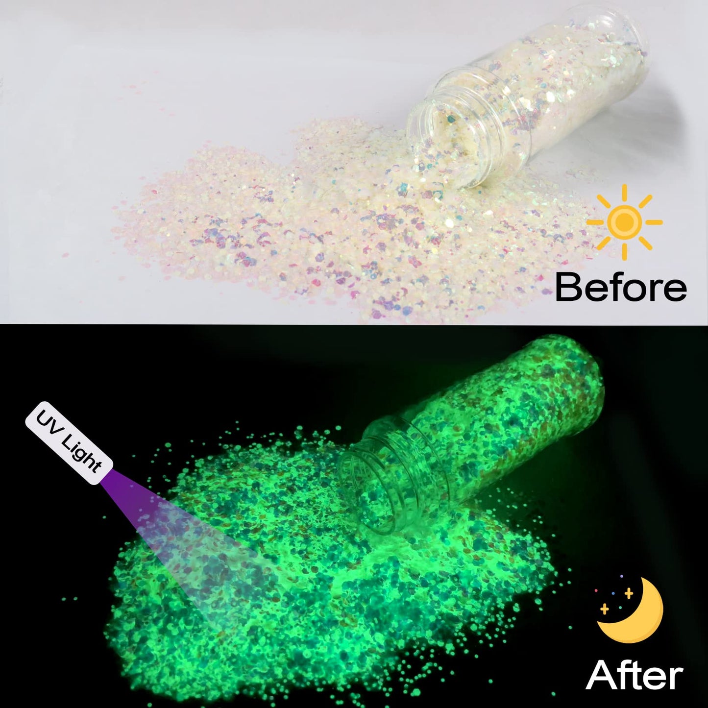 Ceya Glow in The Dark Glitter, 3.3oz/ 95g White Luminous Chunky Glitter Mix Fine Powder Flakes Fluorescent Nail Sequins for Epoxy Resin, Tumblers, Halloween Party, Festival Decor