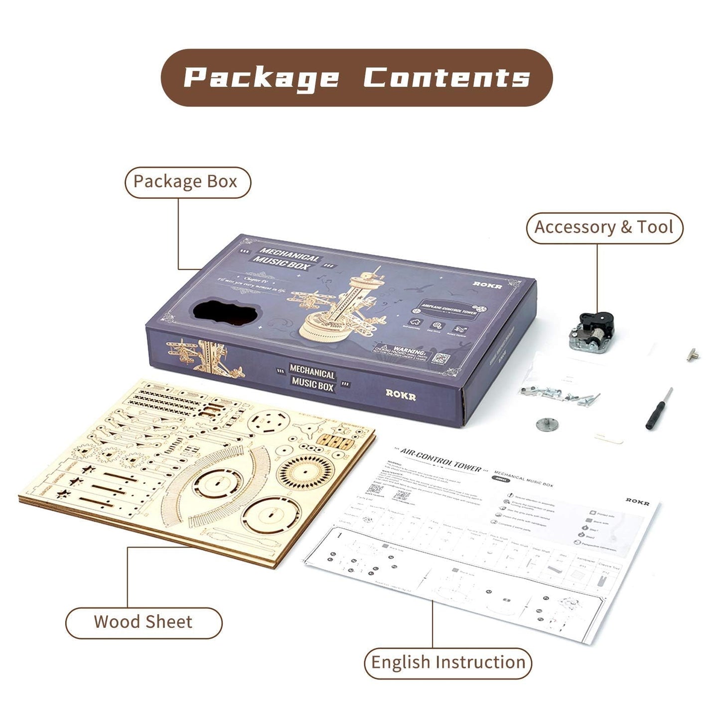 ROKR 3D Wooden Puzzle for Adults Airplane Tower Music Box - DIY Mechanical Model Building Kit 10", Birthday Gifts for Men/Women/Parents/Family