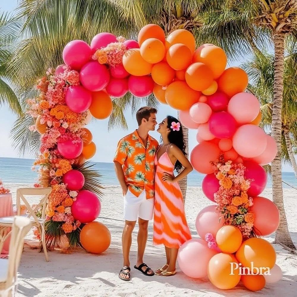 Pink Orange Balloon Garland Double Stuffed Hot Pink Orange Gold Metallic Pastel Balloon Arch Kit for Birthday Baby Bridal Shower Wedding Summer Tropical Graduation Party Decorations