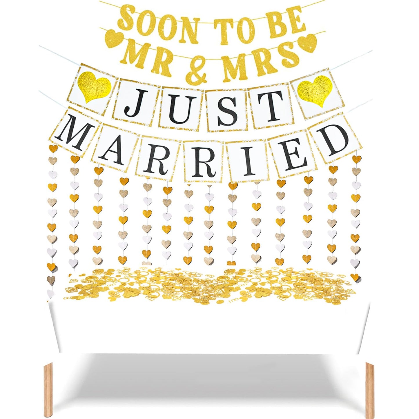 Wedding Banner Just Married Party Decorations Heart Streamers Garland Glitter Paper Diamond Ring Confetti for Bridal Shower Decor Home Party Engagement Party Bride'S Room Photp Prop Decorations