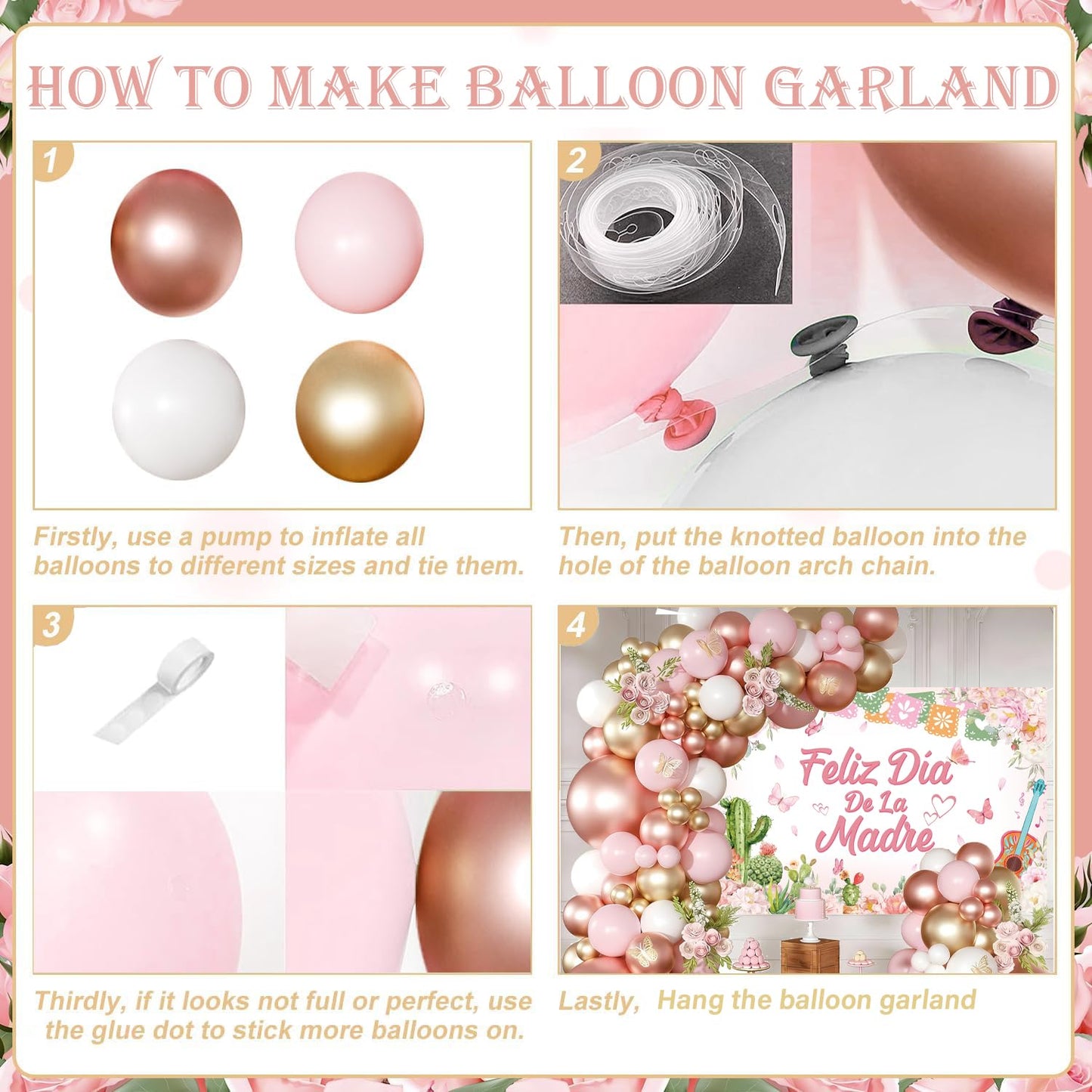 Feliz Da De La Madre Balloon Arch Kit 115 Pcs Mexican Mother's Day Balloon Garland Kit Rose Gold Pink White Balloons with Banner for Best Mom Ever Mothers Day Party Supplies