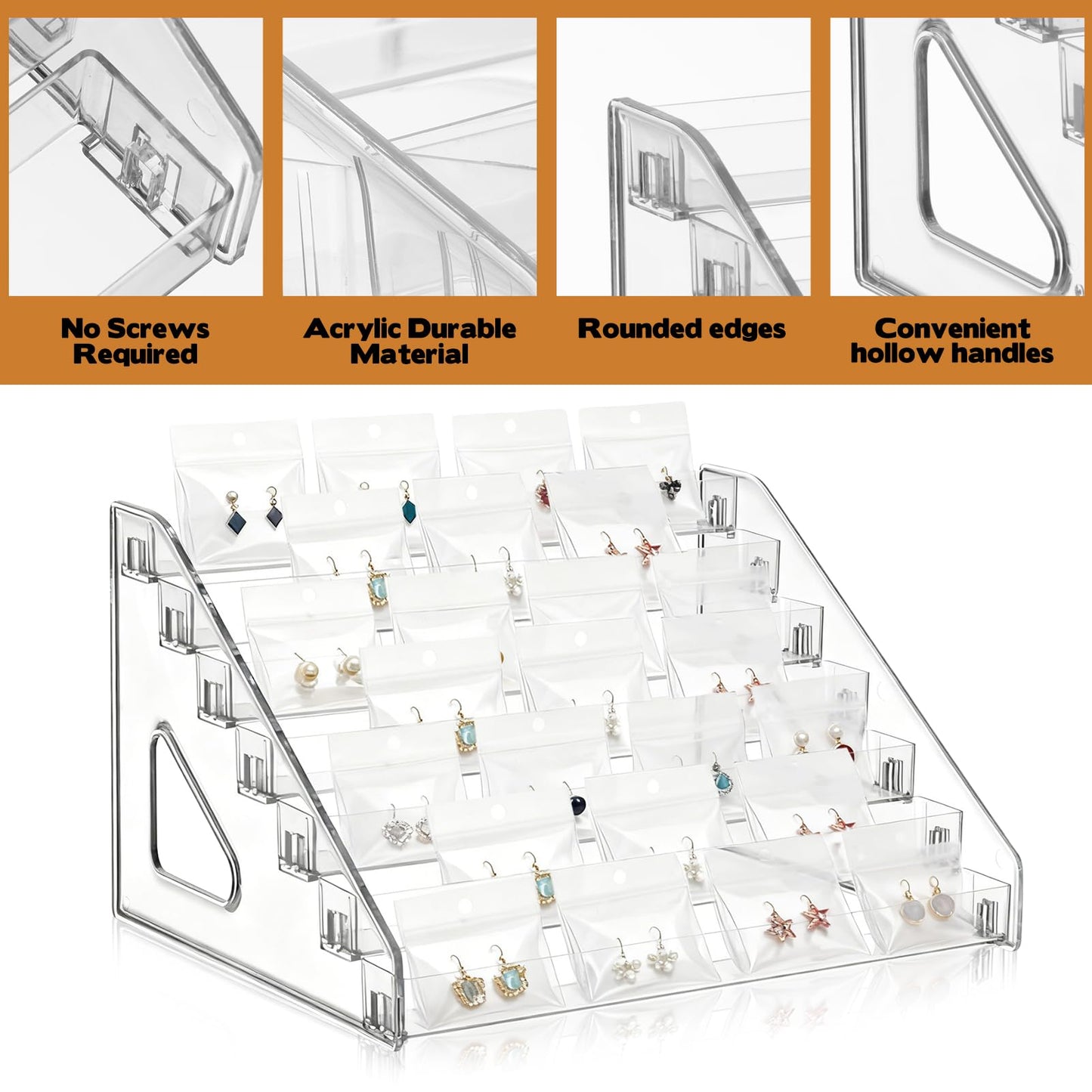 2 Pack 7 Tier Earring Display Stand Acrylic Earring Holder Organizer Holds 4 Pairs of Earrings in One Row Retail Detachable Jewelry Card Stand for Selling Vendors Jewelry Display Earring Rack