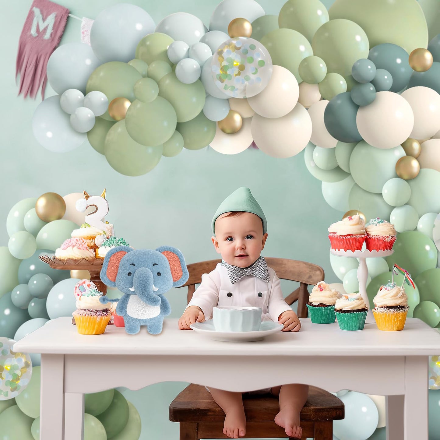 iLaFm 150Pcs Dusty Blue Green Balloon Garland Arch Kit, Ash Mist Green Haze Fog Blue Sand White Gold Balloons for Baby Shower Jungle Safari Woodland Wild One Bridal Birthday Party Decorations