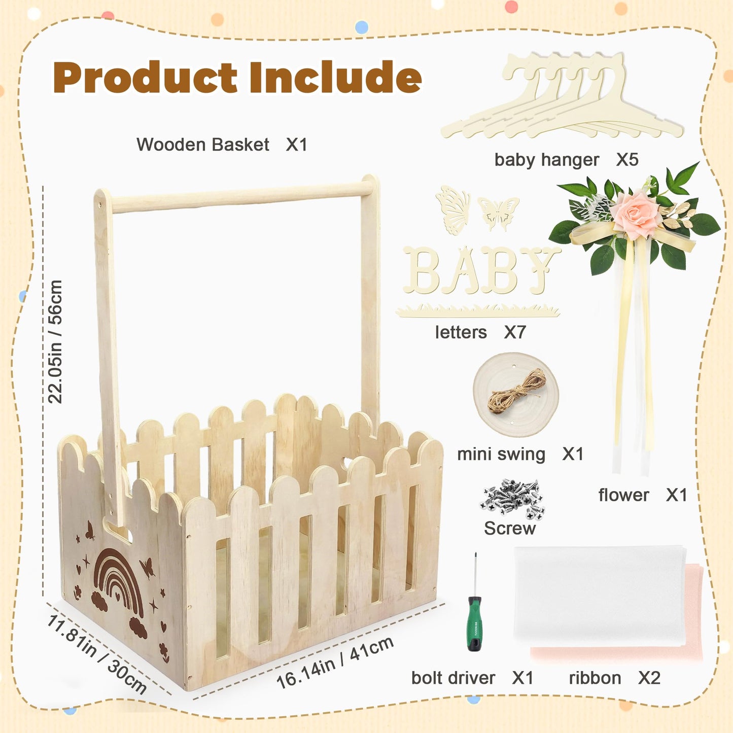 KYNUG Wooden Baby Shower Crate Closet With Hanger Rack, Wooden Baskets for Baby Shower With Handle Girl Welcome Box Personalized Baby Gifts Crates - Easy Assembly (Girl)