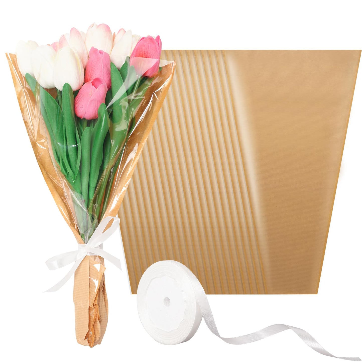 Kosotody 50Pcs Flower Bags for Bouquets,Flower Packing Kraft Paper Sleeves with Ribbons for Florist Supplies Wedding BirthdayMother's Day, 9.8x3.9x17.9 Inches