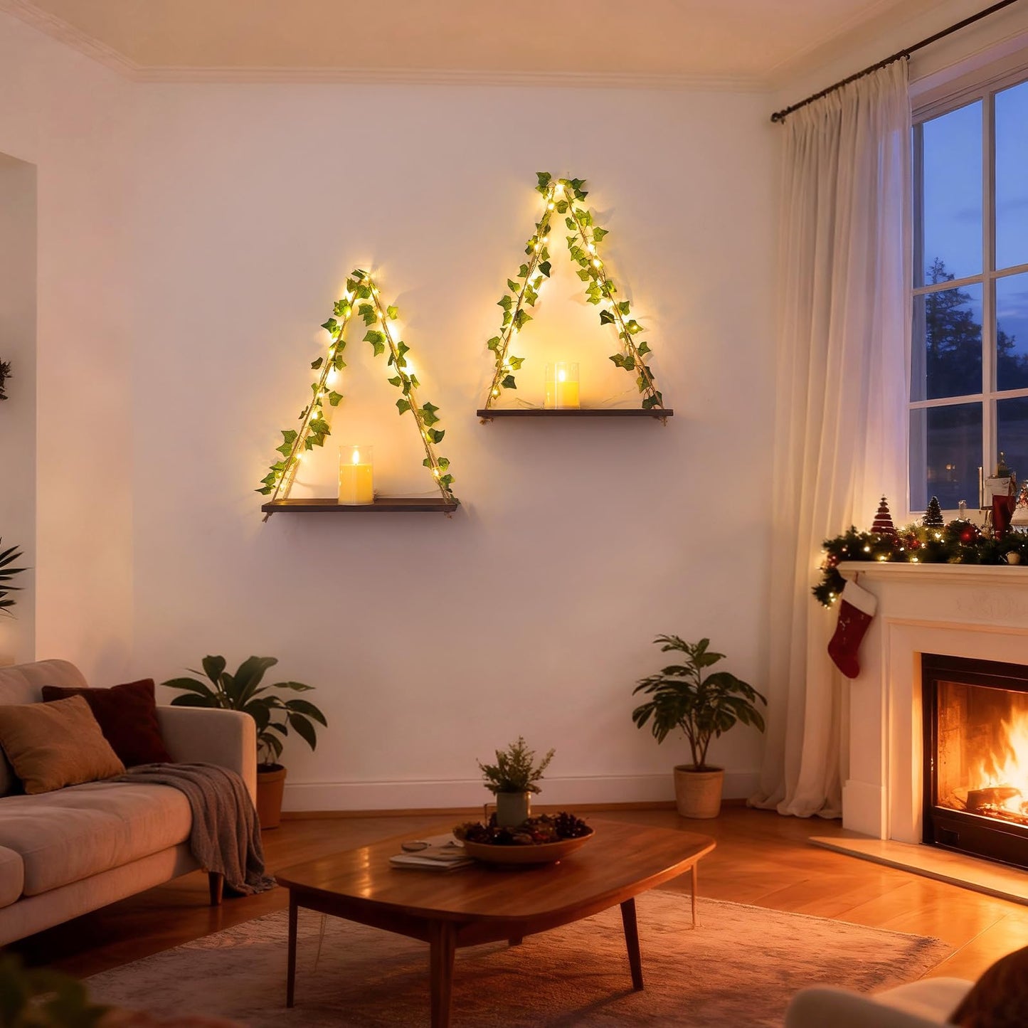 JOLAIQIAN Floating Shelves for Wall, Hanging Shelves with Artificial Ivy LED String Light, No Drilling Hanging Shelf, Wood Hanging Plant Shelves for Wall Décor, Boho Decor, Art Bedroom, Set of 2