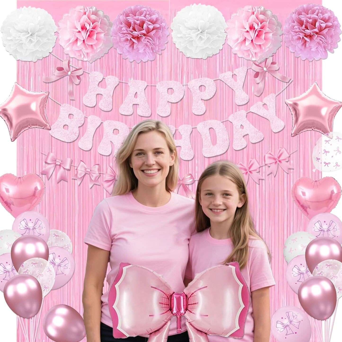 Pink Bow Birthday Party Decorations, Bow Theme Happy Birthday Banner Fringe Curtain Tissue Pom poms Garland Balloons for Women Girls Bday Party Supplies (Macaron Pink)
