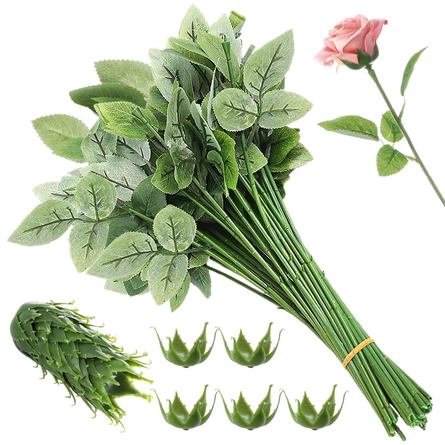 CDOKY 50 Pcs Rose Stems with Leaves & 50 Pcs Flower Calyxes Set, Fake Flower Stems Artificial Flower Sepals, Floral Arrangement Supplies, DIY Artificial Flowers Tools for Bouquet Wedding Party