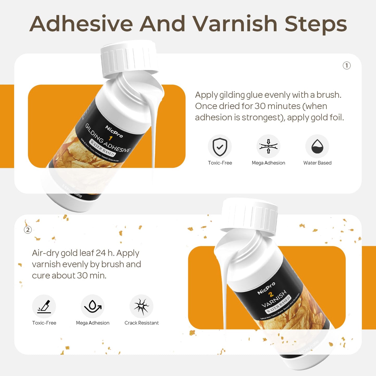 Nicpro Gold Leaf Gilding Adhesive Set, 100ml Water Based Glue and 100ml Varnish, 200 pcs Gold Leaf/Rose Gold/Silver Leaf Sheets for Arts, Painting, Craft, Furniture and Decoration with 4 Brushes
