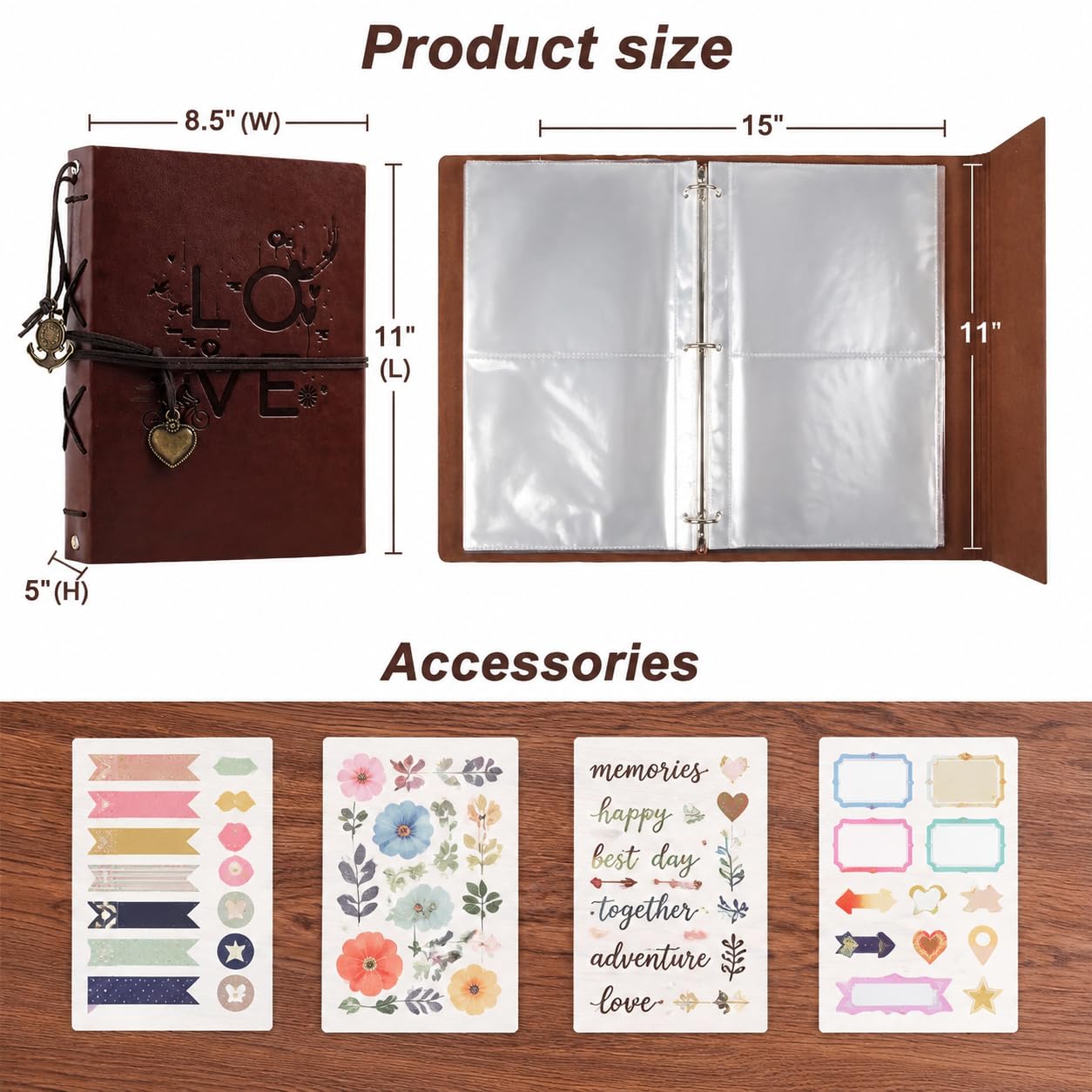 Photo Album Scrapbook with 120 Pockets for 4x6 Photos, 30 Pages, Black Kraft Paper, Textured Leather Cover, Memory Book for Family, Baby, Wedding, Travel