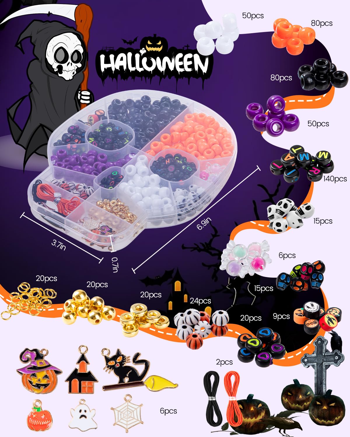 Taybonds Halloween Beads for Bracelet Jewelry Making Kit, Skull Polymer Clay Beads Pony Beads, Halloween Beads Charm for DIY Necklace Earrings, Gifts for Party