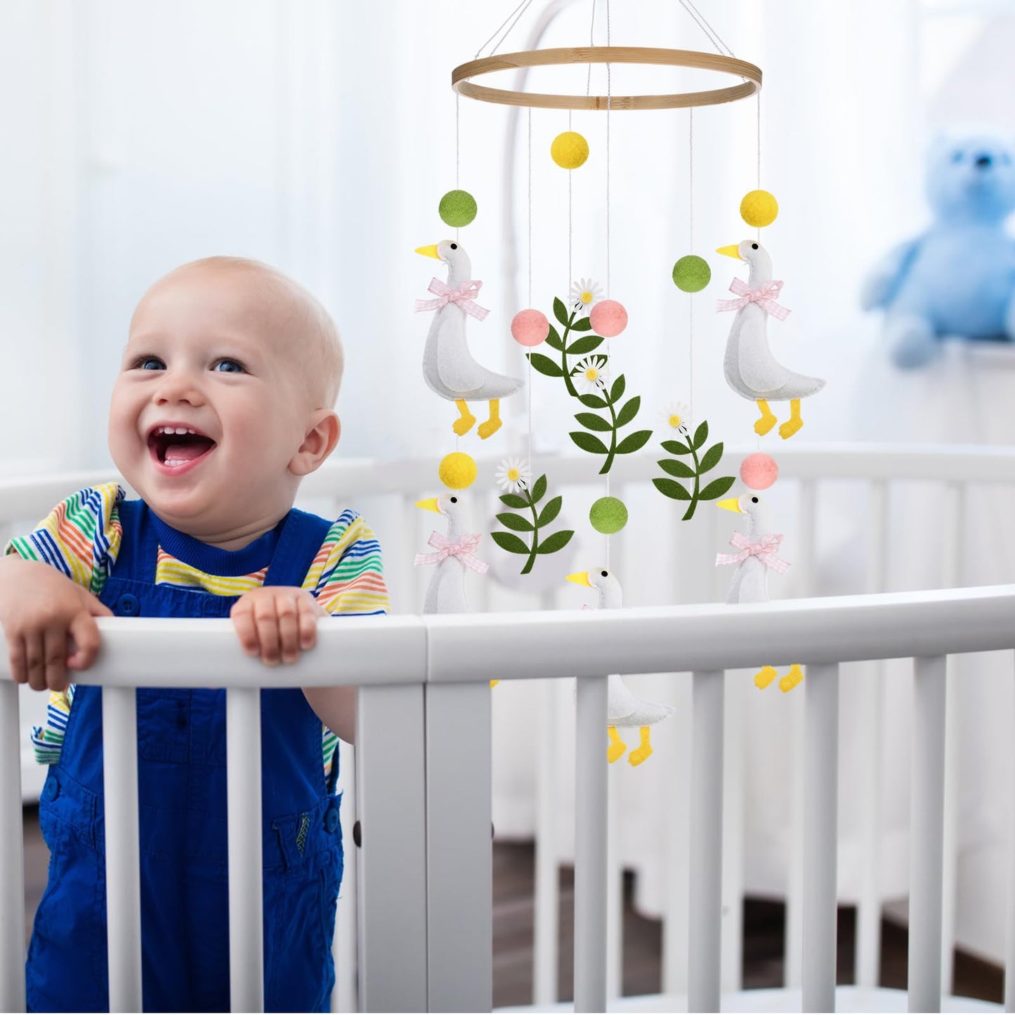 Vicenpal Wildflower Butterfly Baby Mobile for Crib Pink Spring Baby Room Decor Felt Nursery Mobile for Crib Neutral Wooden Handmade Hanging Decoration(Silly Goose)