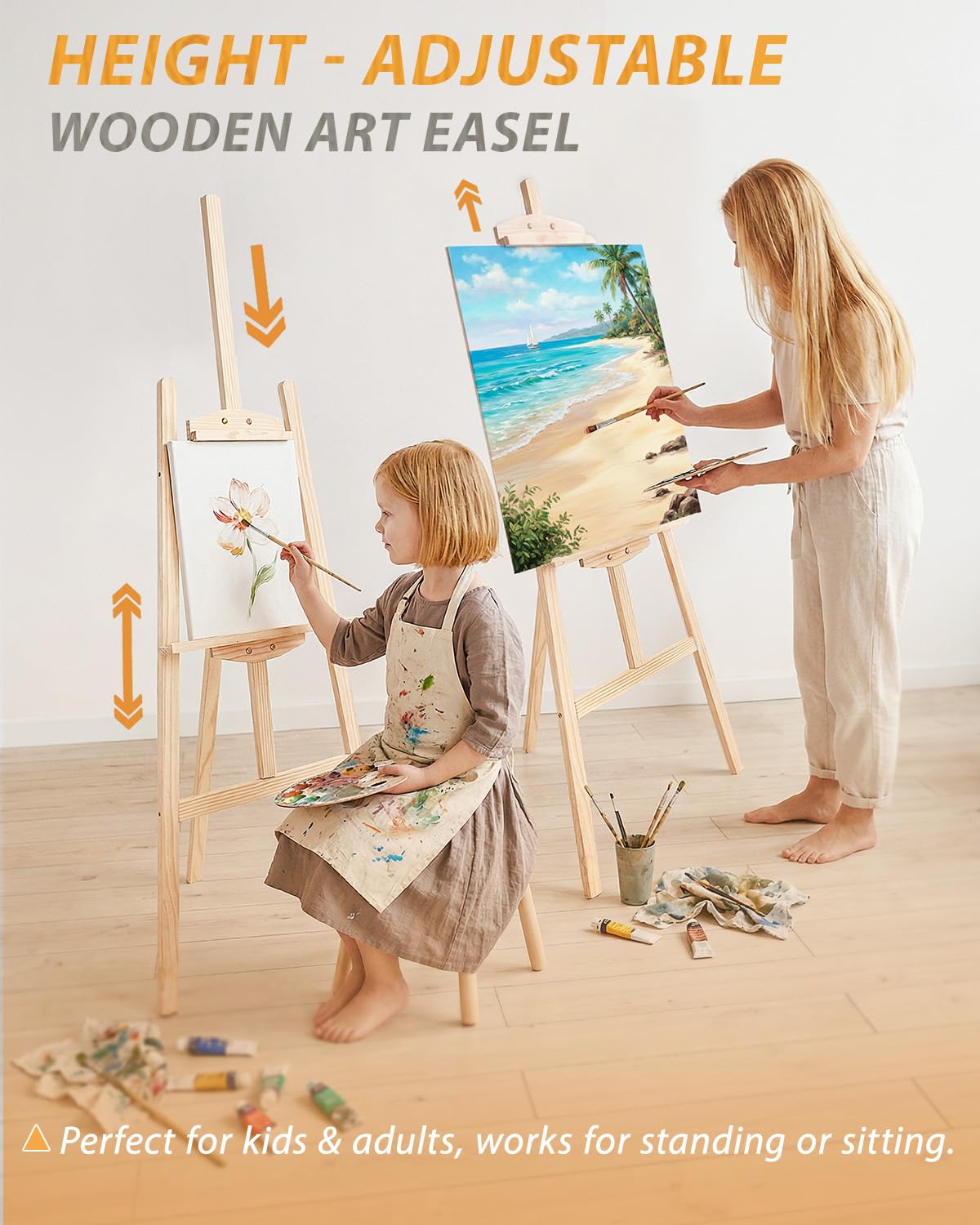 Foldable & Adjustable Art Easel Stand, Wooden Easel Art Easel for Painting Adult Artist Easel Stand for Painting Easle Floor Standing,Wood Easel Stand for Display Canvas Home Studio Classroom,Natural