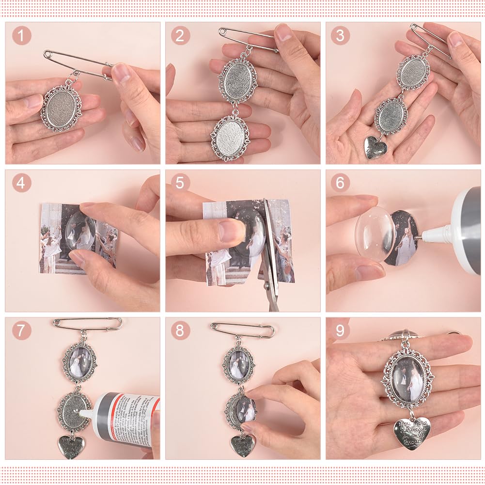 UNICRAFTALE 4 Sets 4 Styles Wedding Bouquet DIY Photo Charm Bouquet Memorial Bridal Charm Oval Round Pin Brooch Making Kit Heart Memorial Locket Cabochon Pendants for DIY Wedding Party Bridal Shower