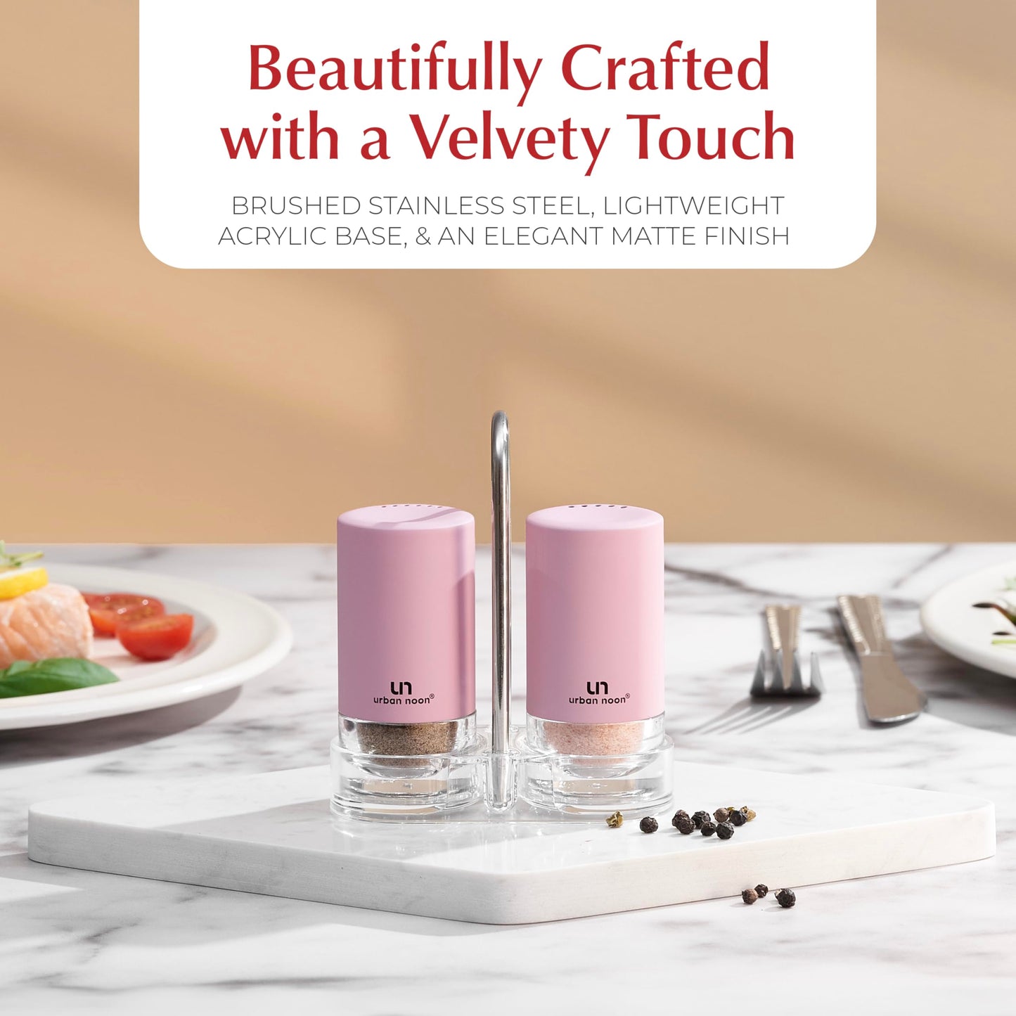 Signature Petal Pink Salt and Pepper Shakers with Holder - Elegant Stainless Steel Salt Shaker and Pepper Shaker Set with Acrylic Holder for Kitchen Counter or Restaurant Table (2-Piece Set)