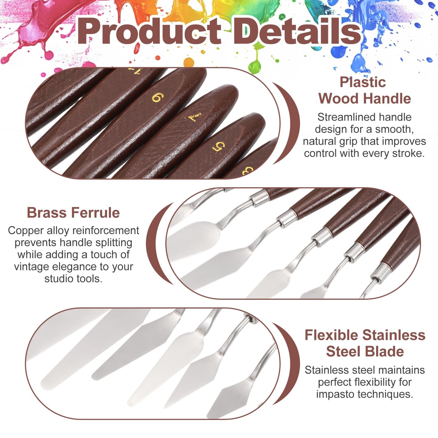 MECCANIXITY 6Pcs Palette Knife, 17.1/16/18.3/18.6/20.5/21.8cm Long Palette Knives with Stainless Steel Flexible Spatula Pallet Knife and Plastic Handle for Scraping, Oil Acrylic Painting