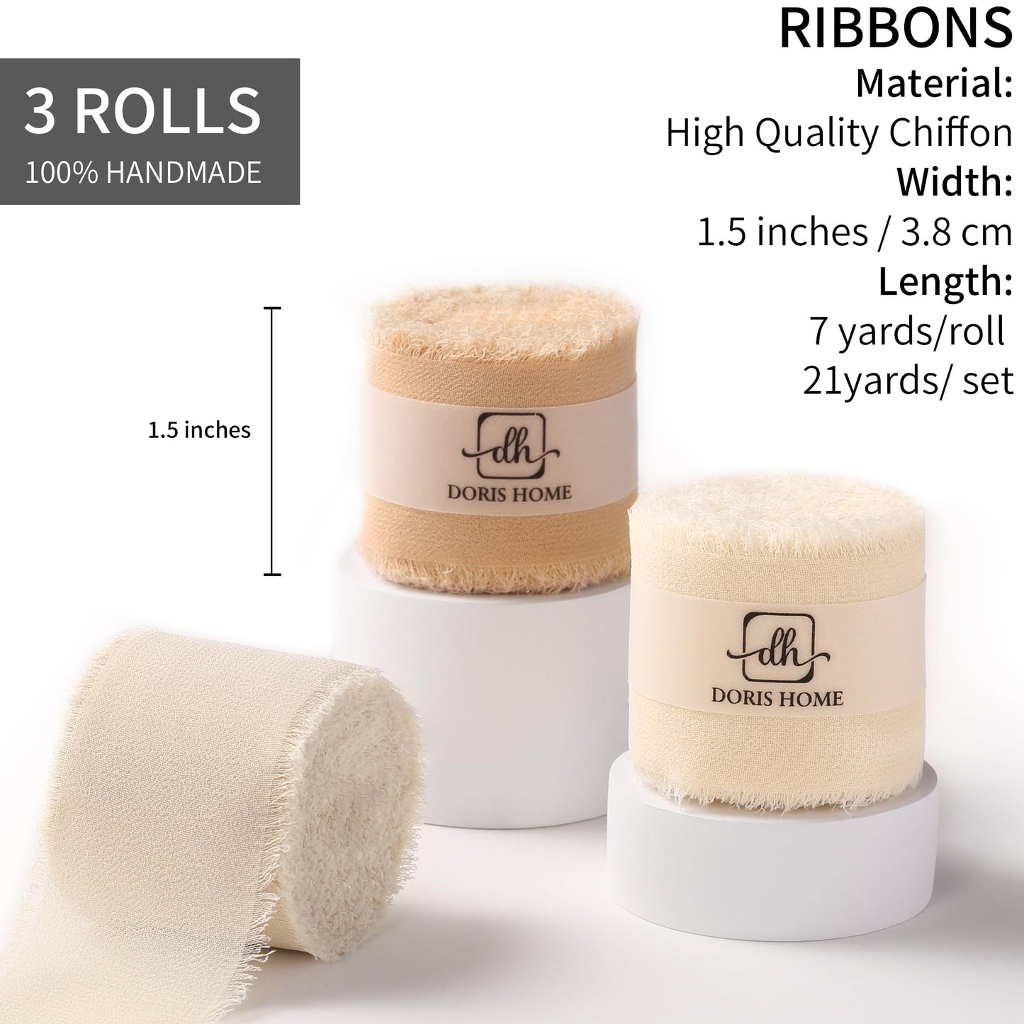DORIS HOME Nude and Ivory Chiffon Ribbon for Flower Bouquet, 1.5" x21Yd Fabric Ribbon for Gift Wrapping, Handmade Frayed Ribbon for Wedding Christmas Decorations
