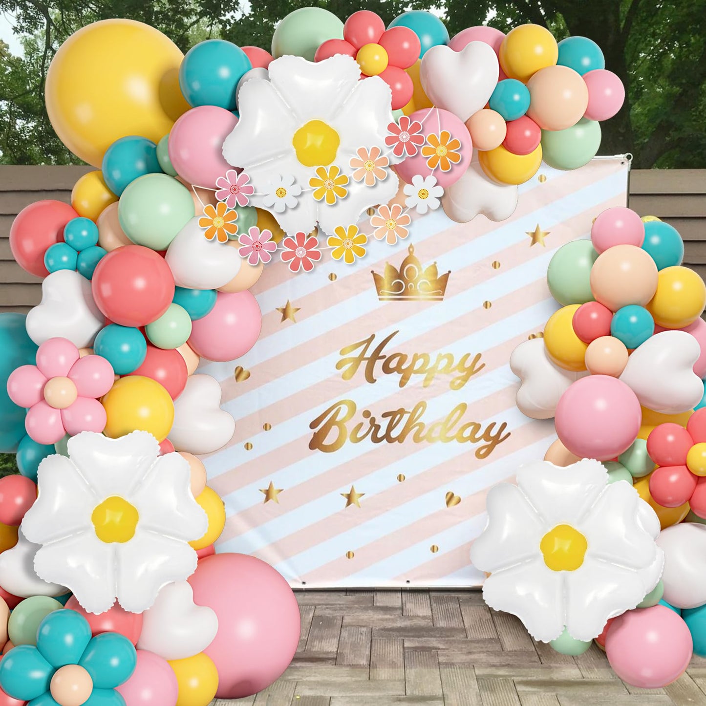 161pc Daisy Balloon Garland Arch Kit, Pastel Groovy Flower Party Decorations with Pink Yellow Orange Blue Green Daisy Banners for Baby Shower Retro Hippie Two Groovy Boho Birthday Party Decor