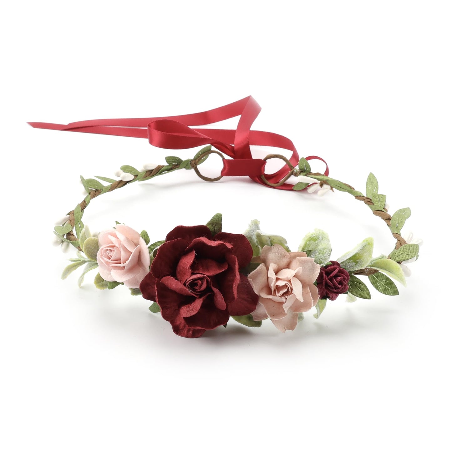 PoshMyra Flower Crown for Girls Floral Headpieces Kids Headband Wedding Halo Hair Pieces Children Hair Wreath Photo Prop (Burgundy-Child Size)