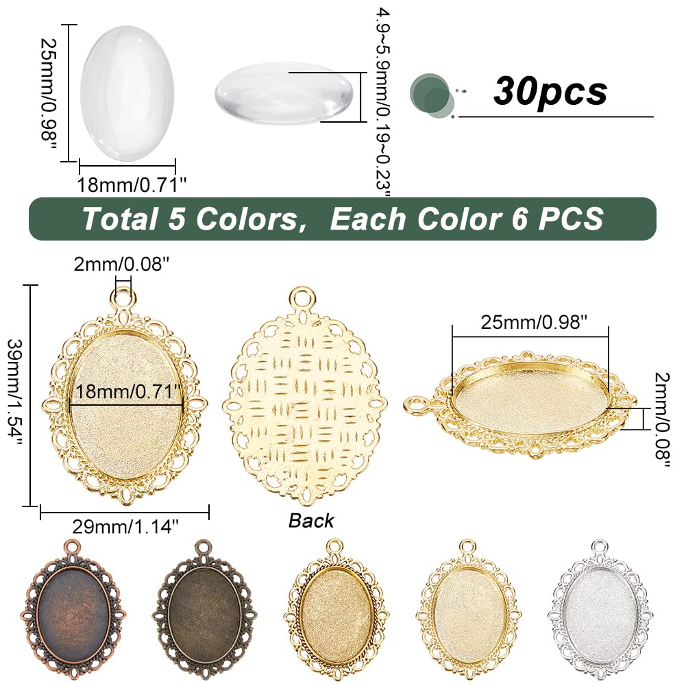 PH PandaHall 60pcs Pendant Tray Kit, 30pcs 5 Color Oval Pendant Blank Bezel, 30pcs 25 x 18mm Glass Cabochon Dome Tiles Clear Cameo Memorial Photo Pendant for Wedding Bouquet Graduation Photo Charm