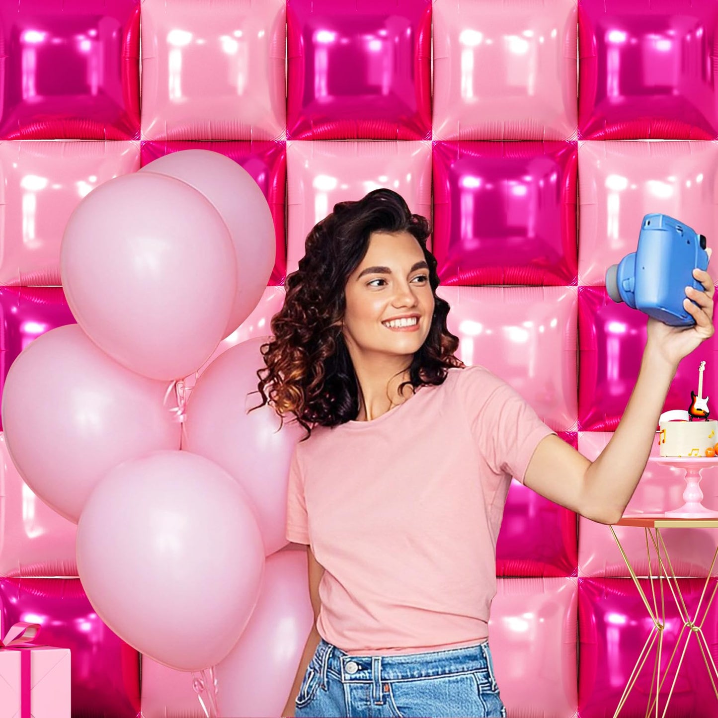 NISOCY 25PCS Hot Magenta Pink Square Foil Balloons Wall Backdrop Double Sided Metallic Pink Balloons Arch Kit for Galentines Valentines Day Bachelorette Birthday Engagement Bridal Party Decorations