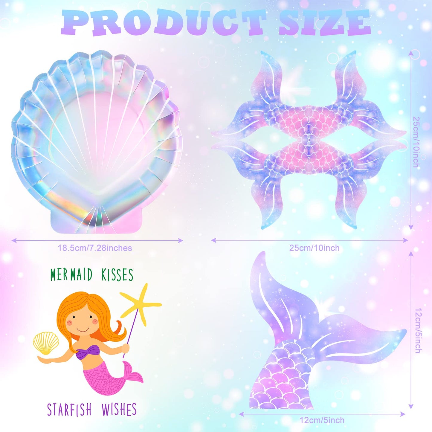Qeeenar 100 Pcs Iridescent Mermaid Plates and Napkins Party Supplies Seashell Paper Plates Tail Napkins Under The Sea Ocean Party Decorations for Birthday Baby Shower