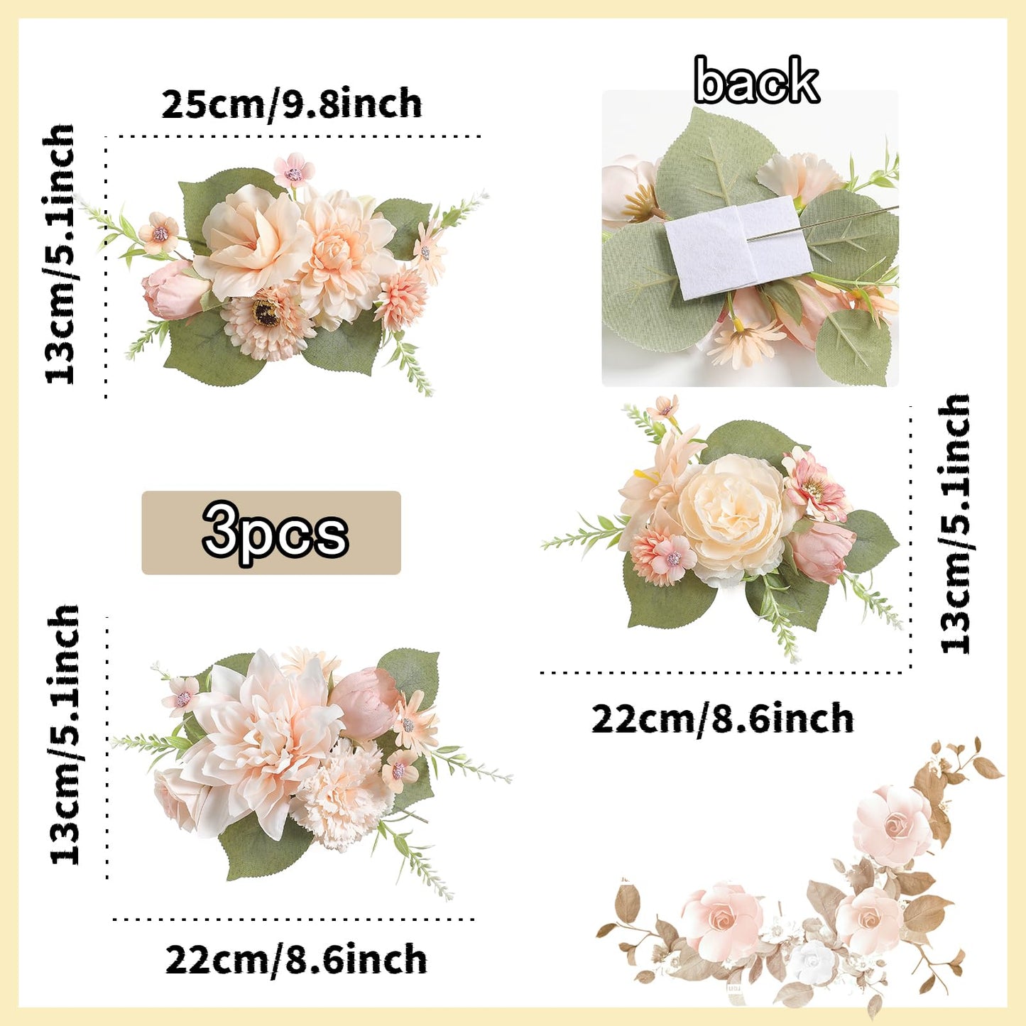 RUIDKUN Cake Toppers Flowers,3 Pieces Hand-made Silk Flowers Cake Decorations for Birthday Baby Shower Wedding Valentine's Day Celebration Boho Party Supplies (Champagne)