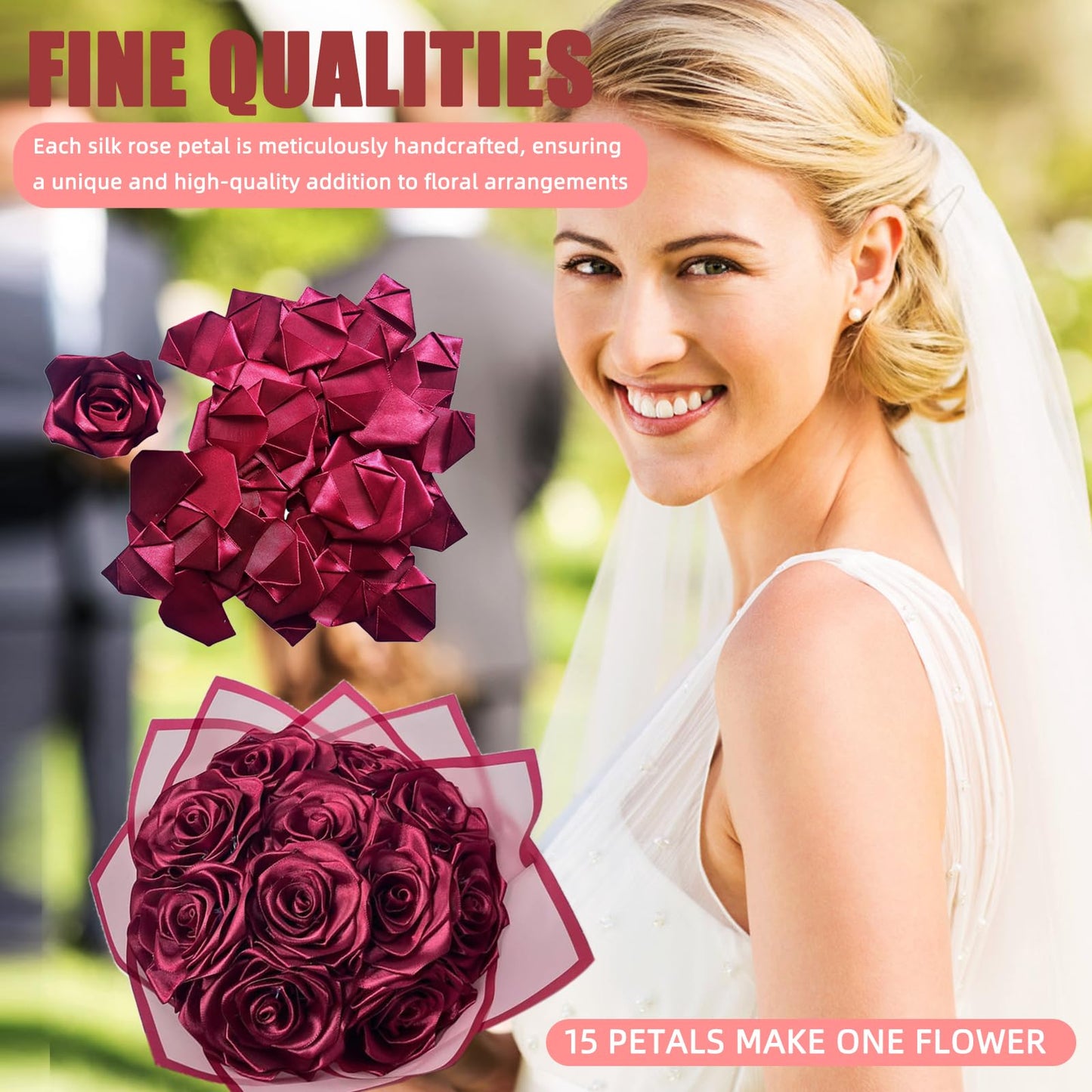 LatinaFlorista 500 Pcs Rose Petals Half Finished Satin Ribbon Flower Petals 500 Pcs Durable Material for DIY Craft Lovers & Event Decoration (500pcs Wine Red)