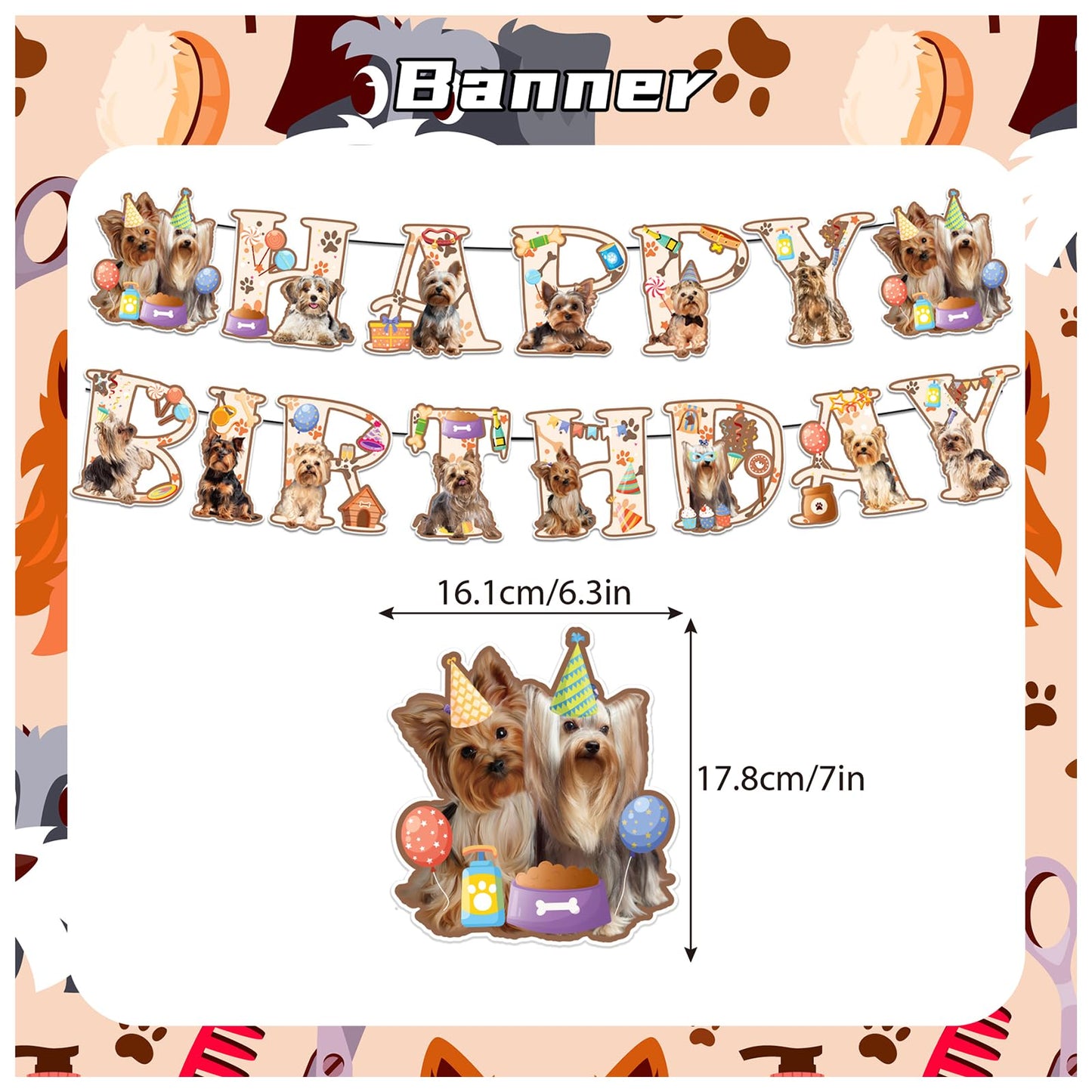 Yorkshire Terrier Birthday Party Decorations Yorkie Party Supplies Kit with Banner, Cake Topper, Cupcake Topper, Balloons for Yorkshire Terrier Decoration Dogs Party
