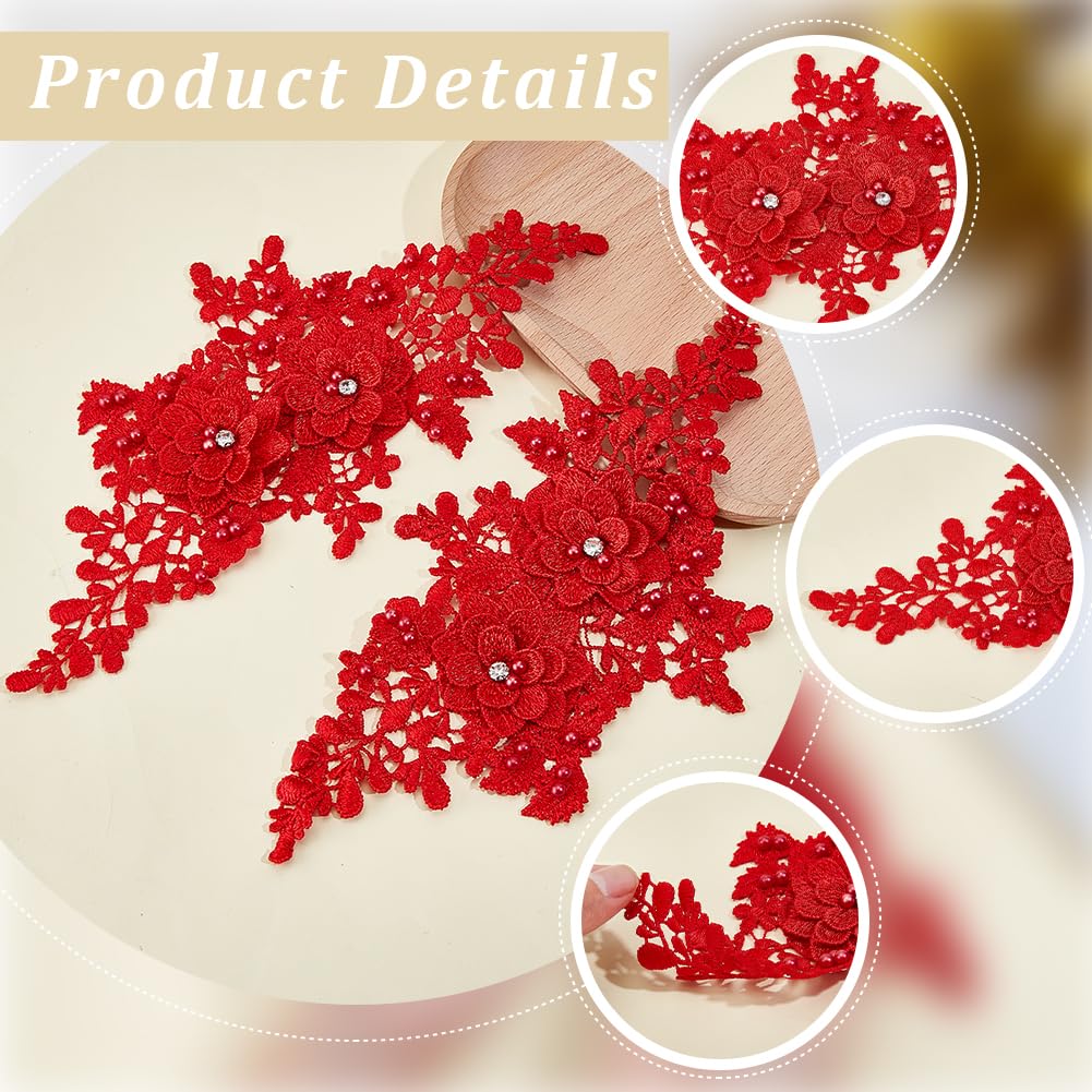 CABODYALS 4Pcs Red 3D Floral Lace Applique Pearl Beaded Embroidered Appliques Flower Rhinestone Embroidery Sew on Tulle Repair Patches Bulk for Sewing Making Clothes Dress Gown Wedding Costumes DIY