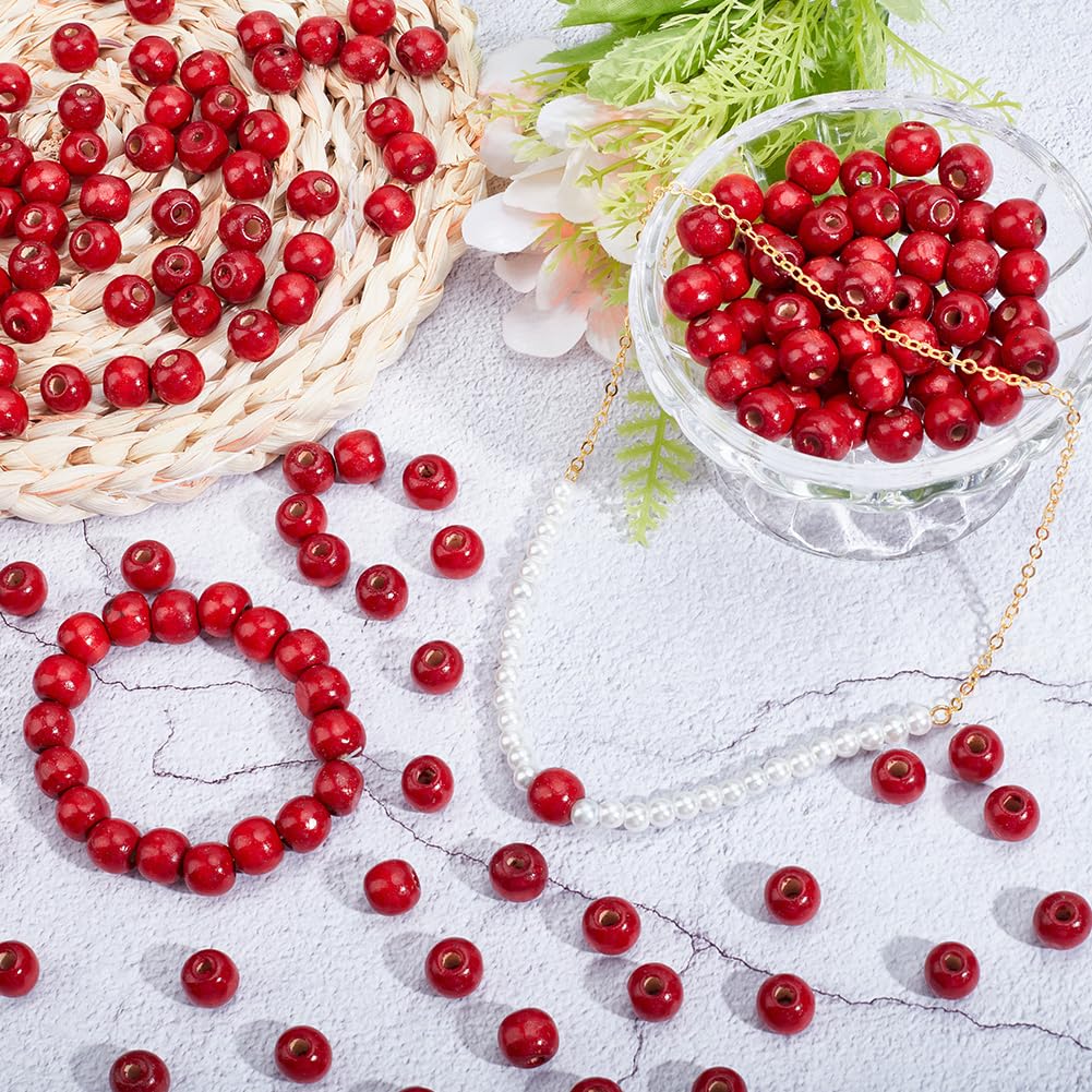 PONABEADIY 400PCS 12MM Red Wood Macrame Beads with Large Holes Natural Round Dyed Wooden Vintage Hair Solid Loose Spacer Loose Bead Bulk for Jewelry Making Christmas Holiday Garland DIY Craft Supply