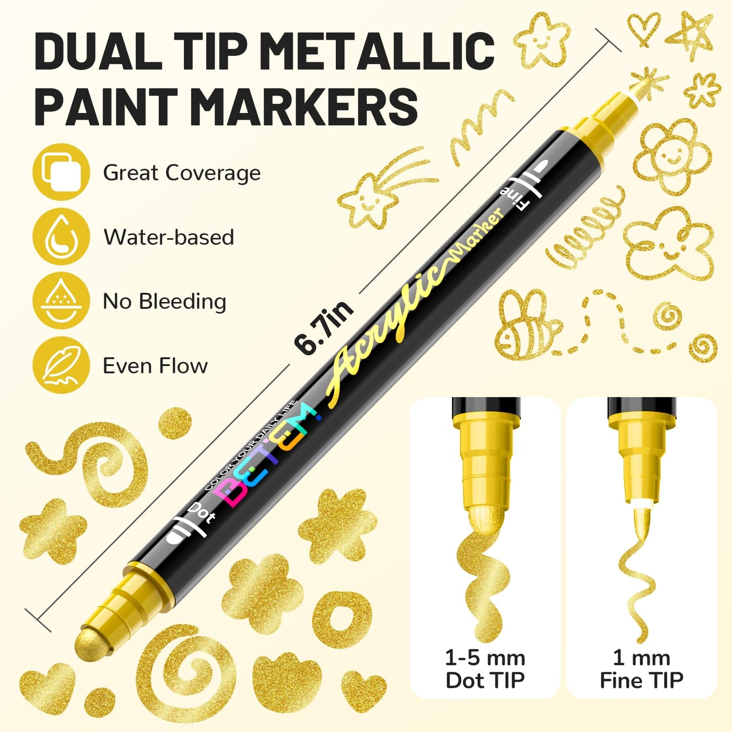 Betem 30 Metallic Dual Tip Acrylic Paint Markers, Fabric Decorating Kits Premium Water-Based Acrylic Paint Pens Art Supplies for Fabric, Rock, Wood, Glass, Canvas, Ceramic, Teacher Appreciation Gift
