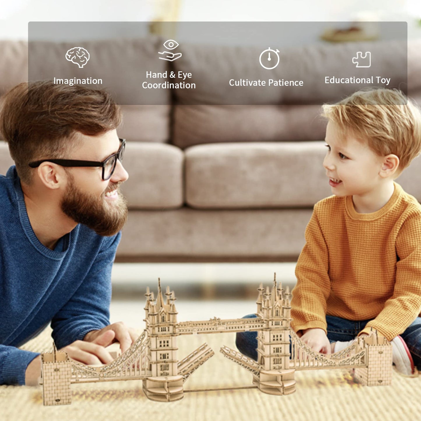 ROBOTIME 3D Puzzle Wooden Craft Kits with LED Light DIY Tower Bridge Construction Model Kit to Build for Teens Brain Teaser Puzzle Home Decor Birthday Gifts