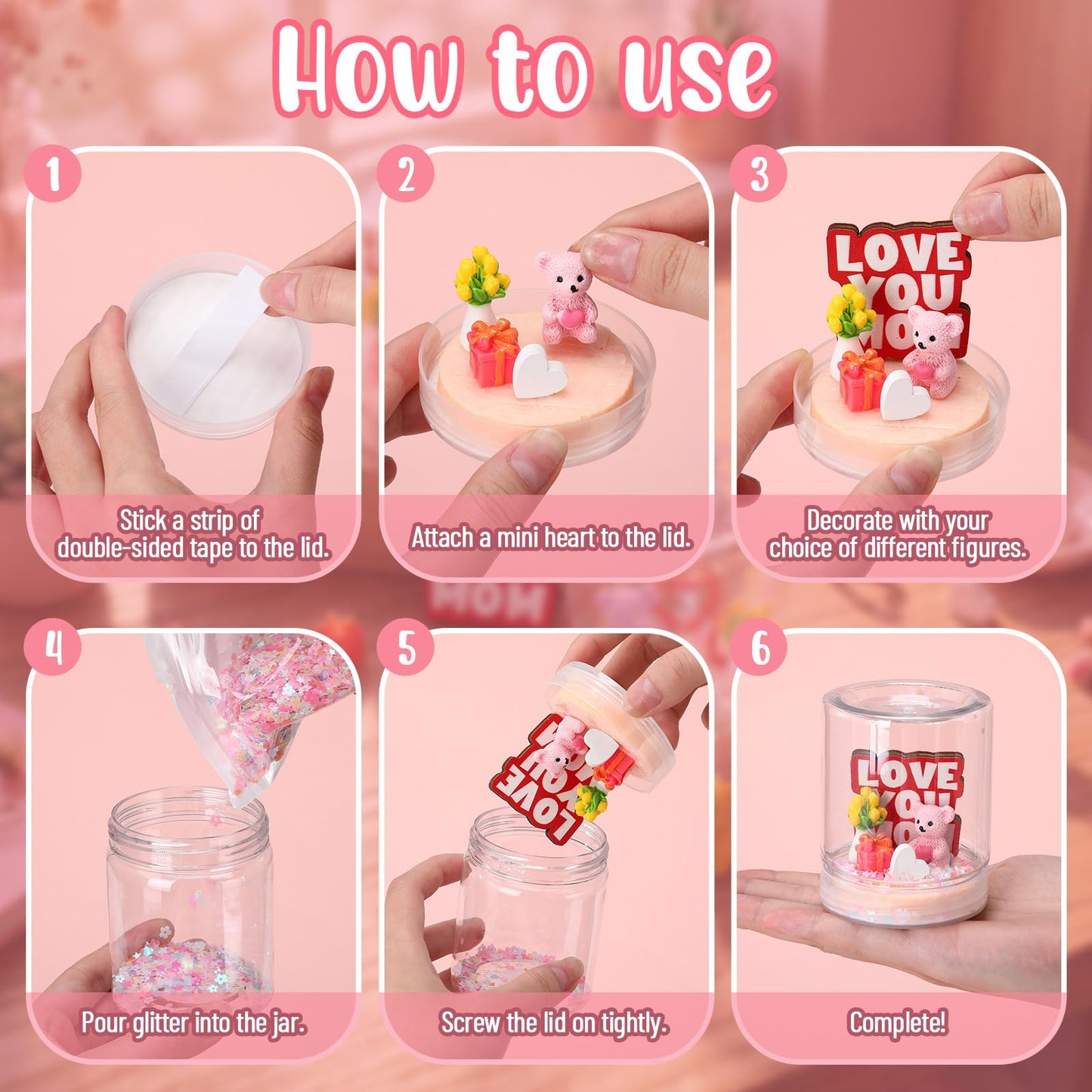 Sotiff 12 Sets Mother's Day Craft Bulk DIY Snow Globe Gift with Mini Resin Heart Bear Vase with Flower Figurines Gift Box 3D Love Heart Love You Mom Wooden Sign for Mom Birthday Classroom Activity