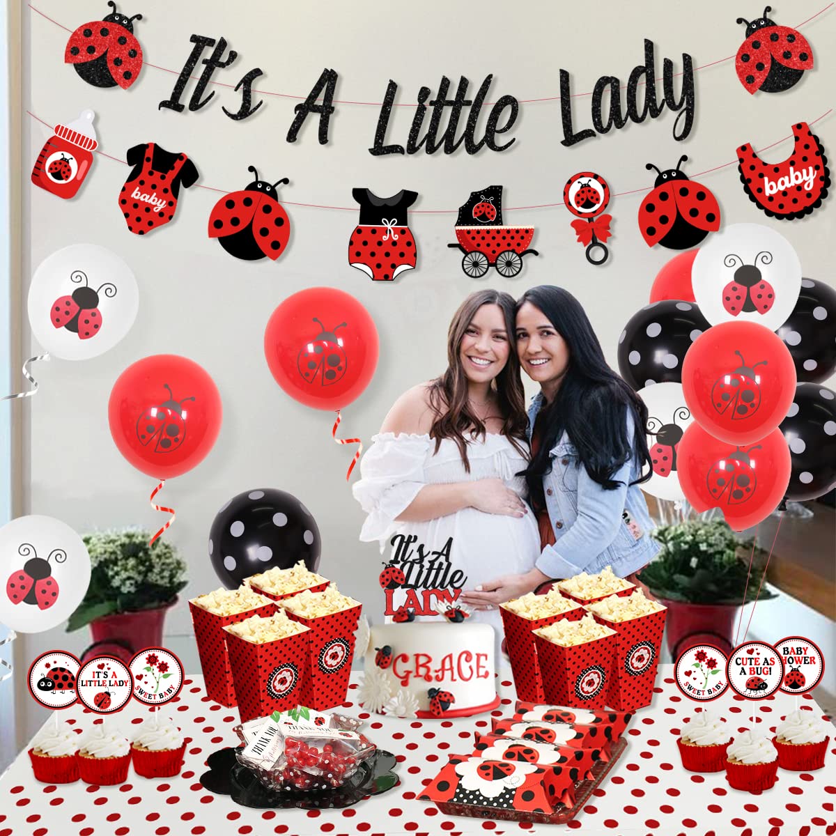 Cheereveal Ladybug Baby Shower Decorations It’s A Little Lady Banner Cake Topper Balloons for Ladybird Birthday Party Supplies
