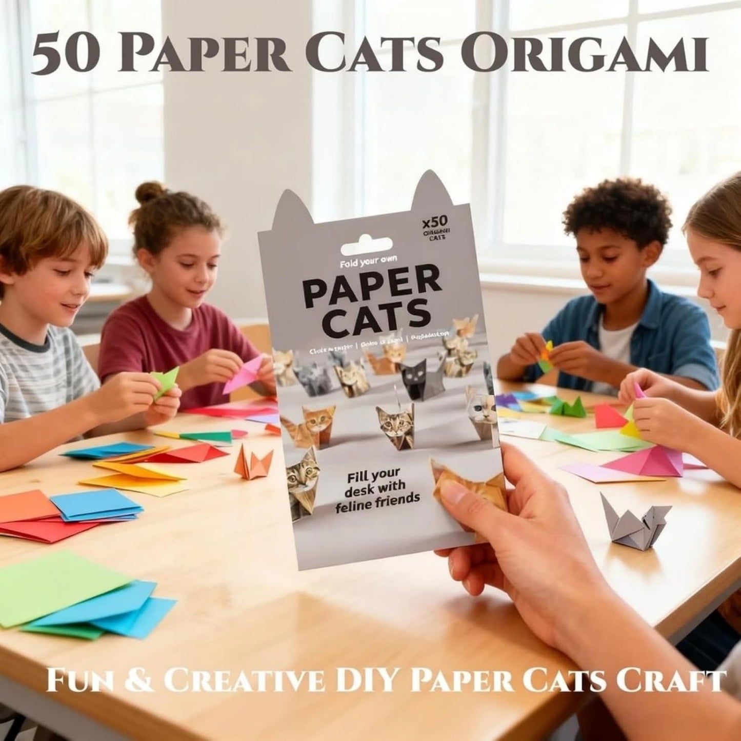 DIY Paper Cat Origami Kit - 50 Sheets DIY Origami Paper to Fold 3D Cute Cats Figures, Desk Decoration Handmade Paper Craft Kit Decoration & Gift for Pet Lovers (Cat 50pcs)