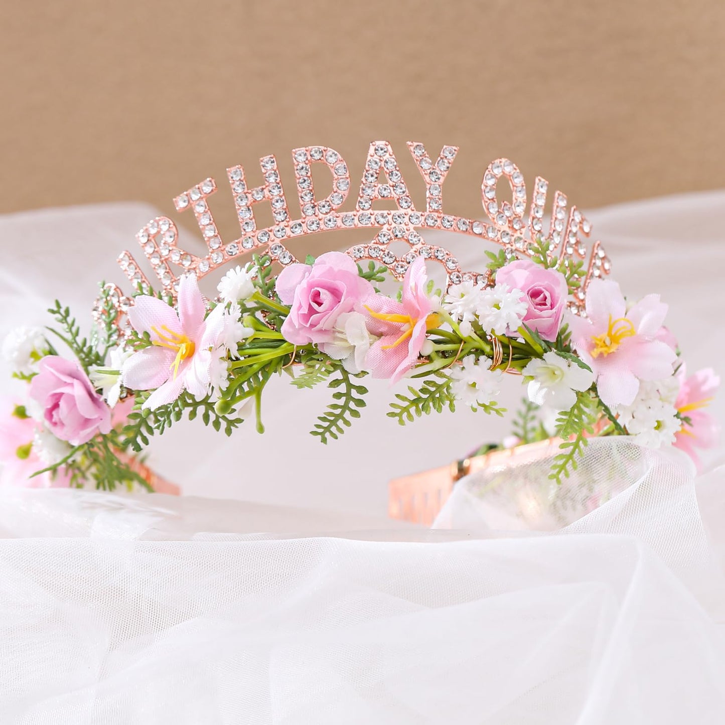 PartyforU Pink Birthday Queen Crown - Happy Birthday Tiara with Flowers and Sash Set for Party Photo Shoot Gift for Friend Mom